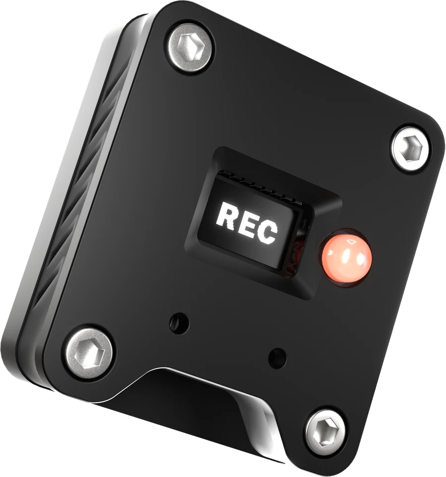 RecLight, a black bolted housing with a REC display and a red LED dome
