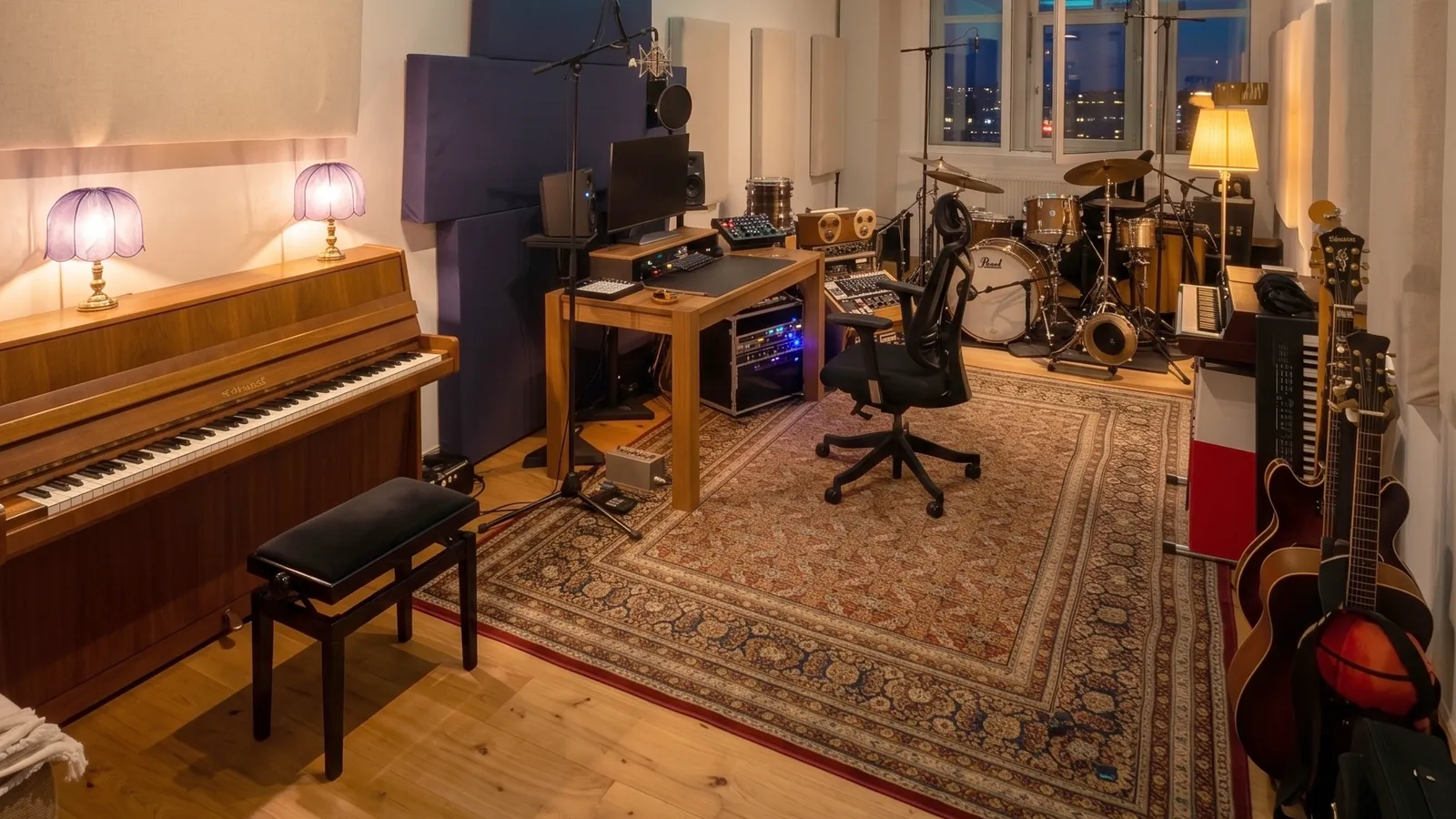 Recording studio in Hamburg with piano, drum kit and treated live room
